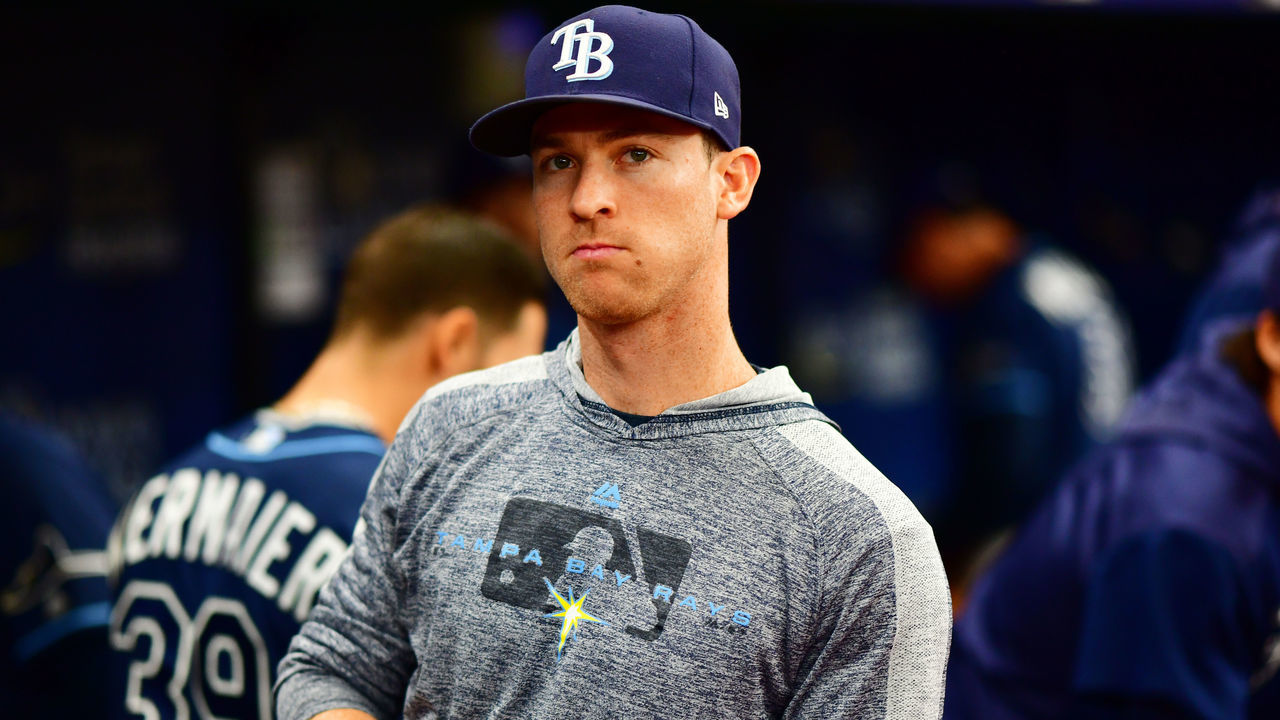 ST PETERSBURG, FLORIDA - APRIL 03: Joey Wendle #18 of the Tampa Bay Rays watches the replay board during the tenth inning against the Colorado Rockies at Tropicana Field on April 03, 2019 in St Petersburg, Florida.
