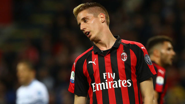 MILAN, ITALY - APRIL 24: Andrea Conti of AC Milan shows his dejection at the end of the TIM Cup match between AC Milan and SS Lazio at Stadio Giuseppe Meazza on April 24, 2019 in Milan, Italy.