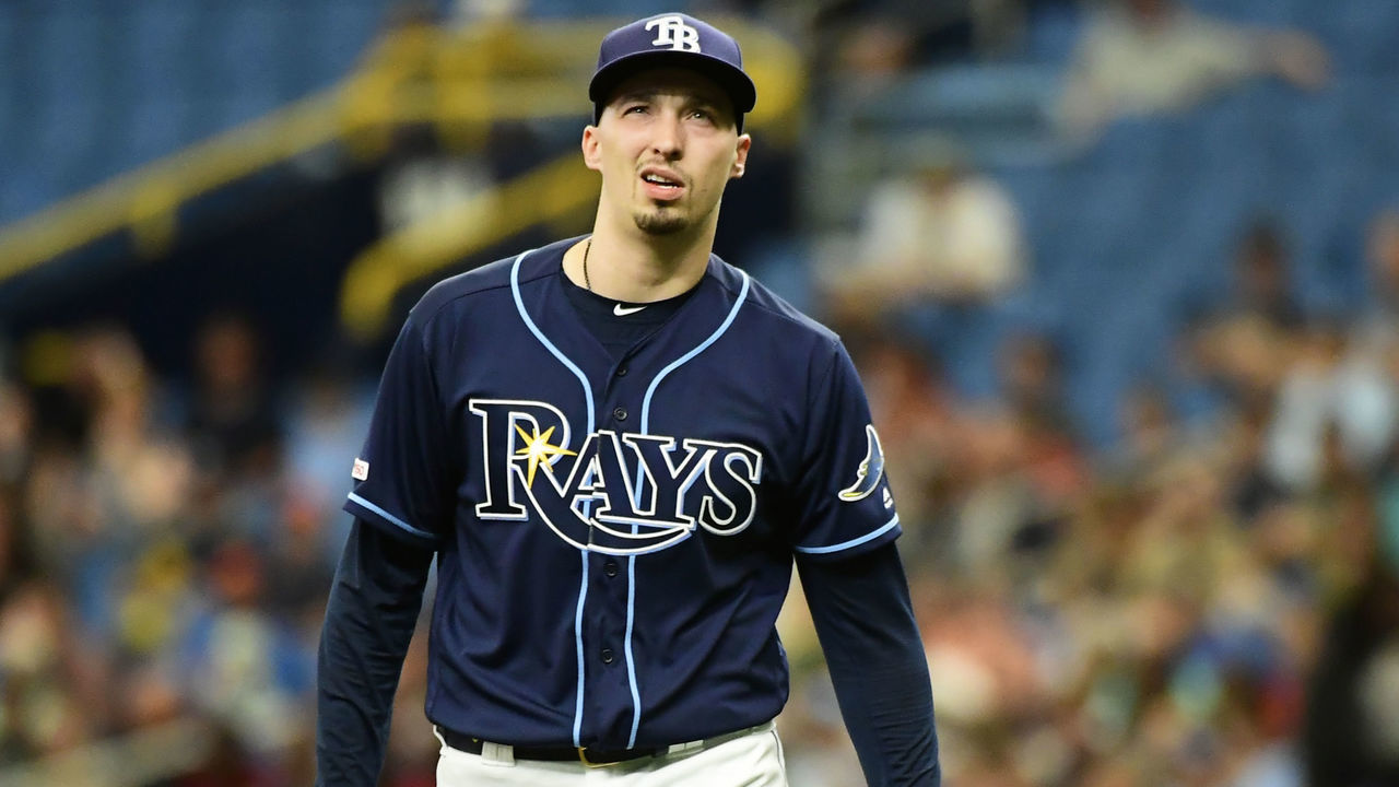 ST. PETERSBURG, FL - APRIL 24: Blake Snell #4 of the Tampa Bay Rays reacts after giving up a hit in the second inning against the Kansas City Royals on April 24, 2019 at Tropicana Field in St. Petersburg, Florida.