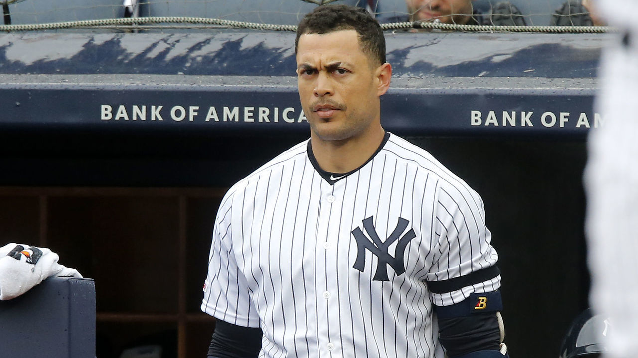 NEW YORK, NEW YORK - MARCH 31: Giancarlo Stanton #27 of the New York Yankees in action against the Baltimore Orioles at Yankee Stadium on March 31, 2019 in the Bronx Borough of New York City. The Orioles defeated the Yankees 7-5.