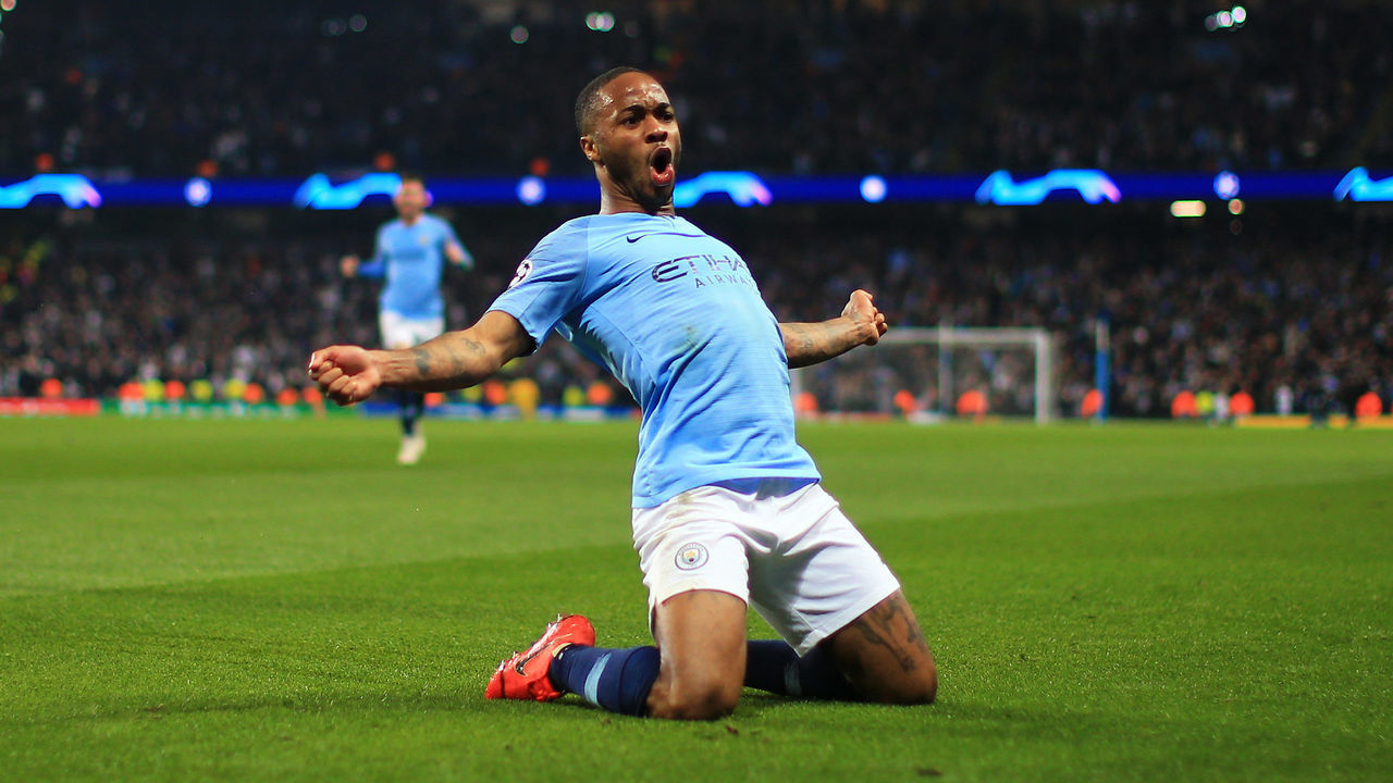 MANCHESTER, ENGLAND - APRIL 17: Raheem Sterling of Manchester City celebrates after scoring his team's fifth goal which is later disallowed for offside during the UEFA Champions League Quarter Final second leg match between Manchester City and Tottenham Hotspur at at Etihad Stadium on April 17, 2019 in Manchester, England.