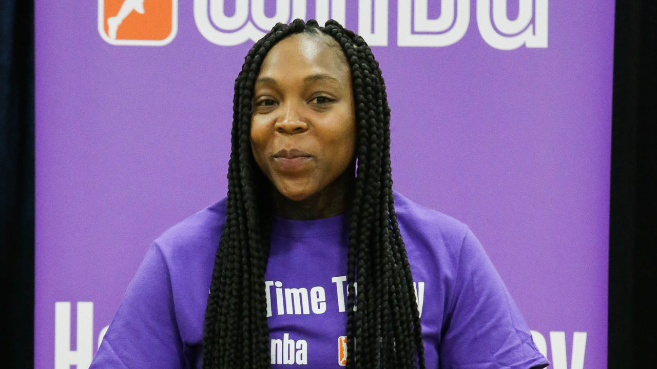 NEWBURY PARK, CA - MARCH 28: Cappie Pondexter #25 of the Indiana Fever smiles during a panel at Her Time To Play basketball clinic hosted by JR.NBA and WNBA with on March 28, 2019 at Mamba Sports Academy in Newbury Park, California. NOTE TO USER: User expressly acknowledges and agrees that, by downloading and/or using this photograph, User is consenting to the terms and conditions of Getty Images License Agreement. Mandatory Copyright Notice: Copyright 2019 NBAE