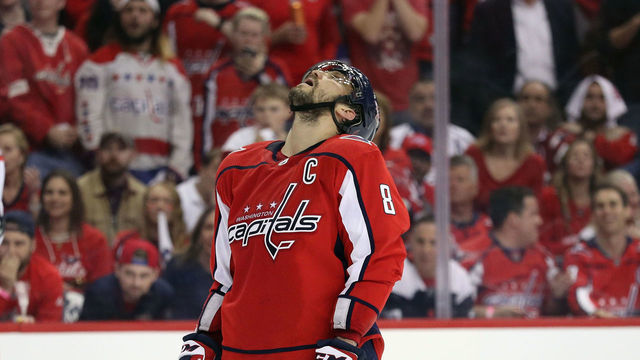 WASHINGTON, DC - APRIL 24: Alex Ovechkin #8 of the Washington Capitals looks upward following a first overtime save by Petr Mrazek #34 of the Carolina Hurricanes in Game Seven of the Eastern Conference First Round during the 2019 NHL Stanley Cup Playoffs at the Capital One Arena on April 24, 2019 in Washington, DC.