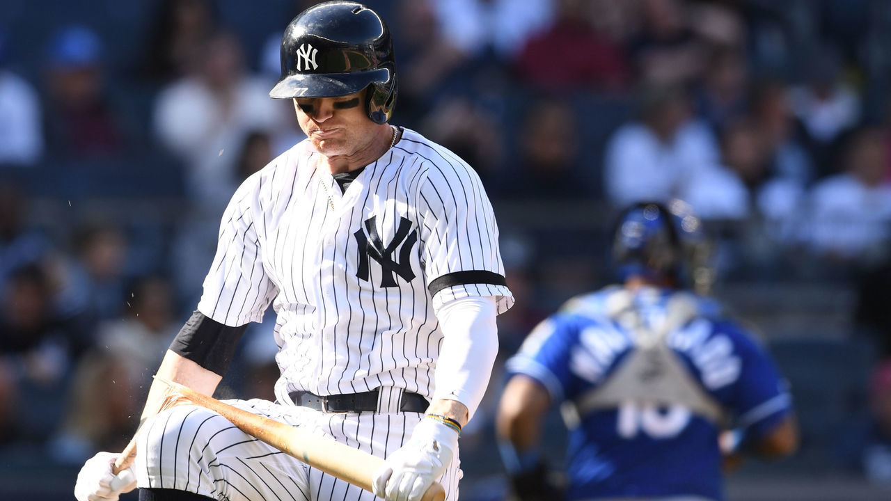 NEW YORK, NEW YORK - APRIL 21: Clint Frazier #77 of the New York Yankees breaks his bat after striking out during the ninth inning of the game against the Kansas City Royals at Yankee Stadium on April 21, 2019 in the Bronx borough of New York City.