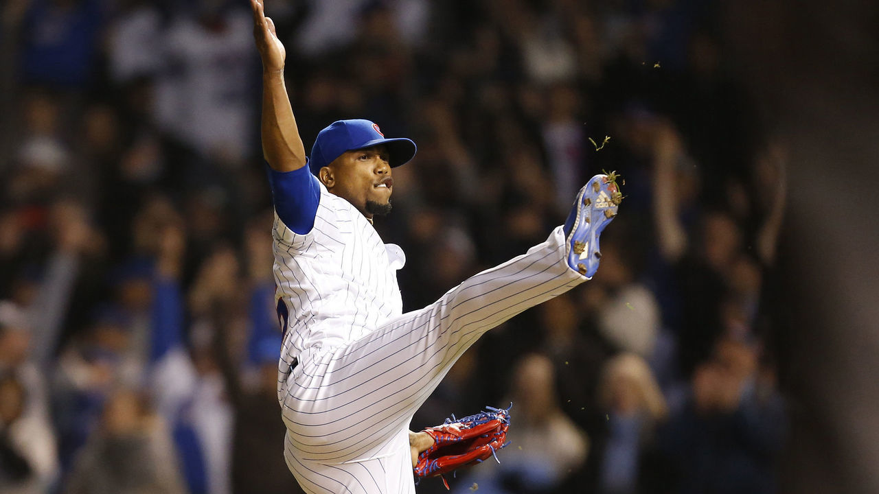 CHICAGO, ILLINOIS - APRIL 24: Pedro Strop #46 of the Chicago Cubs celebrates after his team's 7-6 win over the Los Angeles Dodgers at Wrigley Field on April 24, 2019 in Chicago, Illinois.