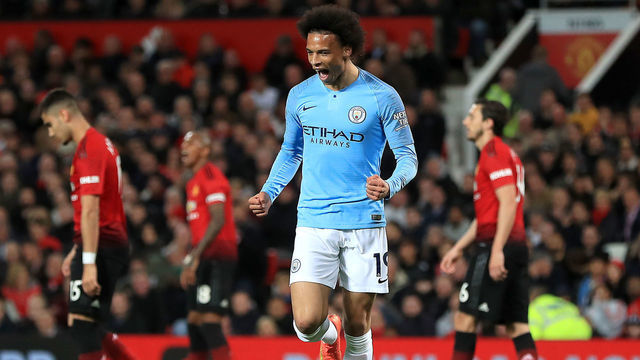 Manchester City's Leroy Sane celebrates scoring his side's second goal of the game Manchester United v Manchester City - Premier League - Old Trafford 24-04-2019 .