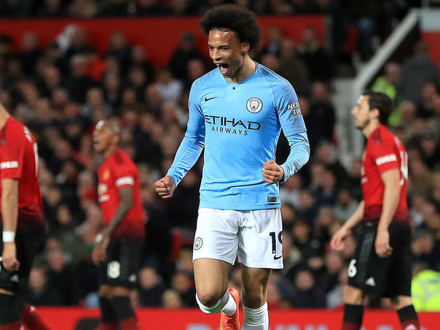 Manchester City's Leroy Sane celebrates scoring his side's second goal of the game Manchester United v Manchester City - Premier League - Old Trafford 24-04-2019 .