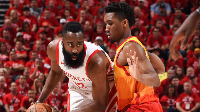 HOUSTON, TX - MAY 4: James Harden #13 of the Houston Rockets handles the ball against Donovan Mitchell #45 of the Utah Jazz during Game Three of the Western Conference Semifinals of the 2018 NBA Playoffs on May 4, 2018 at the Vivint Smart Home Arena Salt Lake City, Utah. Mandatory Copyright Notice: Copyright 2018 NBAE