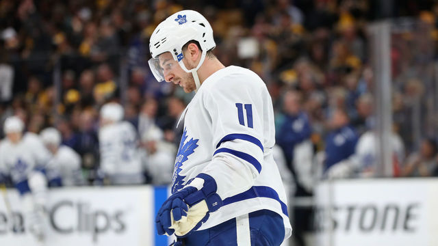 BOSTON, MASSACHUSETTS - APRIL 19: Zach Hyman #11 of the Toronto Maple Leafs looks on during the second period of Game Five of the Eastern Conference First Round against the Boston Bruins during the 2019 NHL Stanley Cup Playoffs at TD Garden on April 19, 2019 in Boston, Massachusetts.