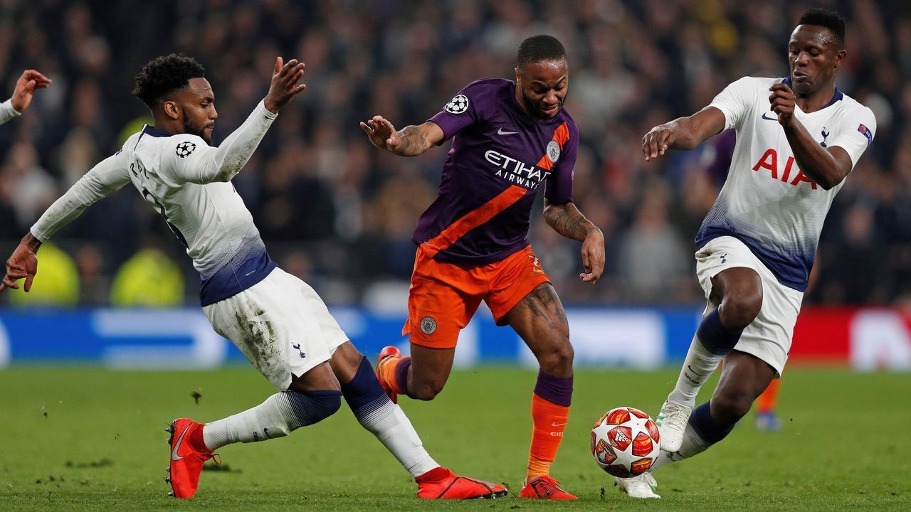 Tottenham Hotspur's English defender Danny Rose (L) and Tottenham Hotspur's Kenyan midfielder Victor Wanyama (R) vie with Manchester City's English midfielder Raheem Sterling during the UEFA Champions League quarter-final first leg football match between Tottenham Hotspur and Manchester City at the Tottenham Hotspur Stadium in north London, on April 9, 2019. - Tottenham won the match 1-0.