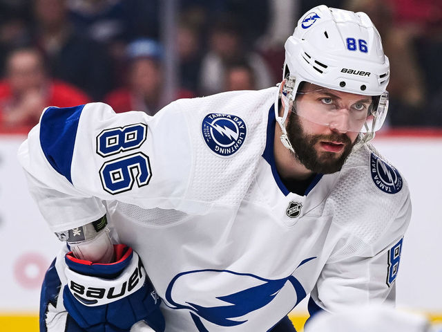 MONTREAL, QC - APRIL 02: Tampa Bay Lightning right wing Nikita Kucherov (86) waits for a faceoff during the Tampa Bay Lightning versus the Montreal Canadiens game on April 02, 2019, at Bell Centre in Montreal, QC