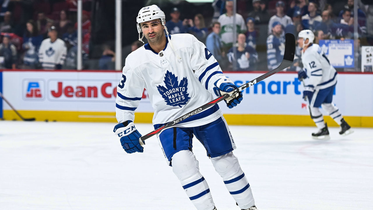 MONTREAL, QC - APRIL 06: Look on Toronto Maple Leafs center Nazem Kadri (43) at warm-up before the Toronto Maple Leafs versus the Montreal Canadiens game on April 06, 2019, at Bell Centre in Montreal, QC