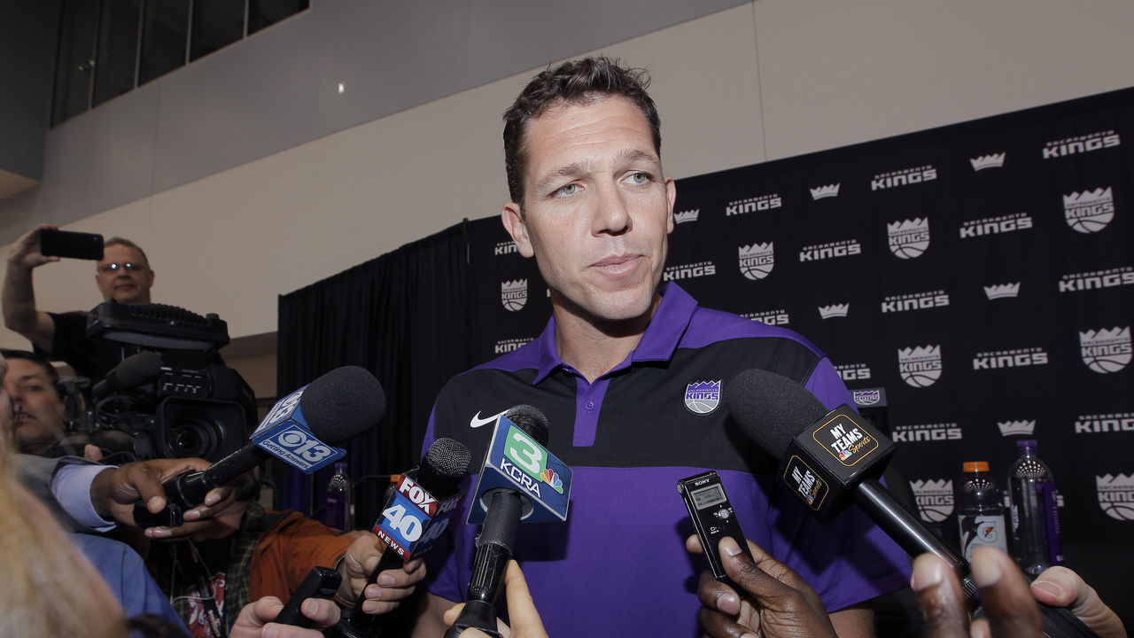 SACRAMENTO, CA - APRIL 15 : Vlade Divac introduces Luke Walton as the new Head Coach of the Sacramento Kings at a press conference on April 15, 2019 at the Golden 1 Center in Sacramento, California. NOTE TO USER: User expressly acknowledges and agrees that, by downloading and/or using this Photograph, user is consenting to the terms and conditions of the Getty Images License Agreement. Mandatory Copyright Notice: Copyright 2019 NBAE