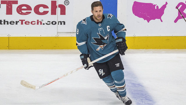 SAN JOSE, CA - APRIL 23: San Jose Sharks center Joe Pavelski (8) warms up before Game 7, Round 1 between the Vegas Golden Knights and the San Jose Sharks on Tuesday, April 23, 2019 at the SAP Center in San Jose, California.