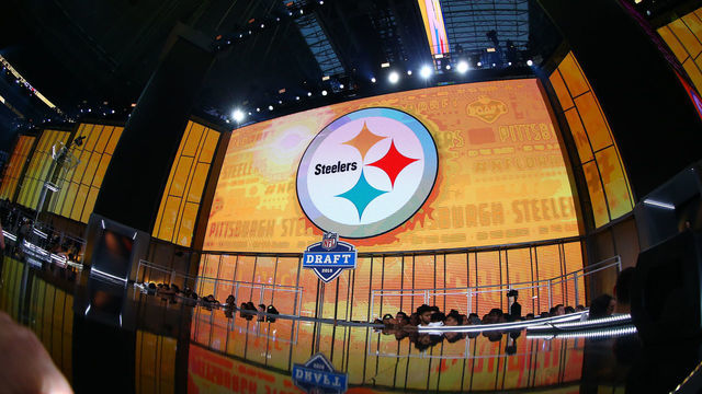 ARLINGTON, TX - APRIL 27: The Pittsburgh Steelers Logo on the video board during the second round of the 2018 NFL Draft on April 27, 2018, at AT&T Stadium in Arlington, TX.