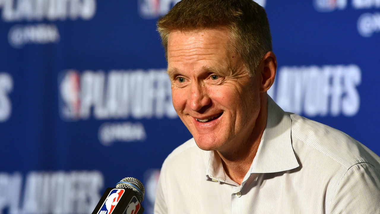 OAKLAND, CA - APRIL 24: Head Coach Steve Kerr of the Golden State Warriors speaks to the media after Game Five of Round One against the LA Clippers during the 2019 NBA Playoffs on April 24, 2019 at ORACLE Arena in Oakland, California. NOTE TO USER: User expressly acknowledges and agrees that, by downloading and/or using this photograph, user is consenting to the terms and conditions of Getty Images License Agreement. Mandatory Copyright Notice: Copyright 2019 NBAE