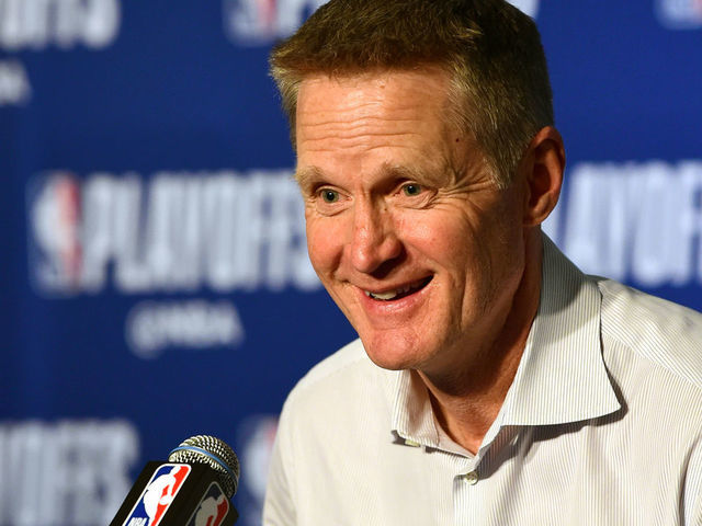 OAKLAND, CA - APRIL 24: Head Coach Steve Kerr of the Golden State Warriors speaks to the media after Game Five of Round One against the LA Clippers during the 2019 NBA Playoffs on April 24, 2019 at ORACLE Arena in Oakland, California. NOTE TO USER: User expressly acknowledges and agrees that, by downloading and/or using this photograph, user is consenting to the terms and conditions of Getty Images License Agreement. Mandatory Copyright Notice: Copyright 2019 NBAE
