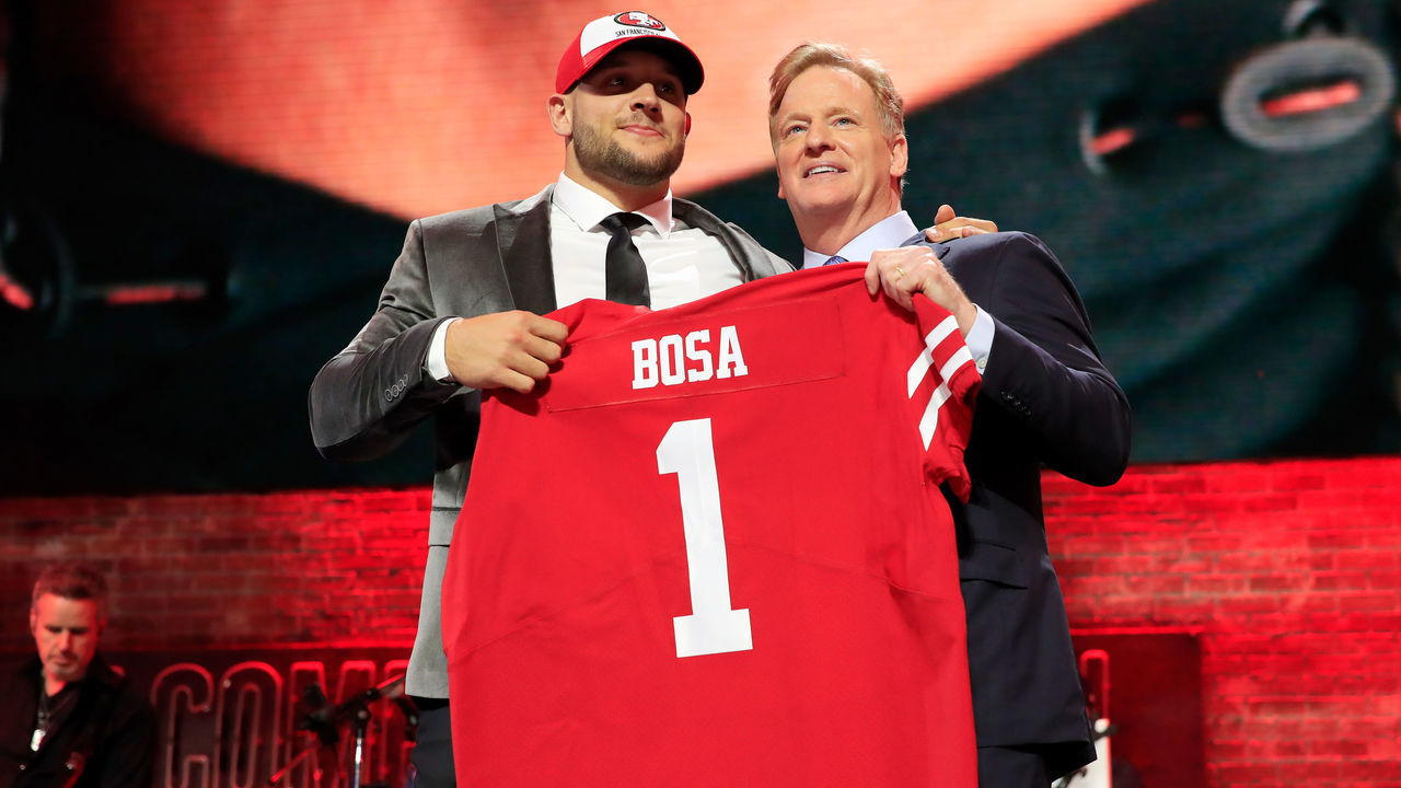 NASHVILLE, TENNESSEE - APRIL 25: Nick Bosa of Ohio State poses with NFL Commissioner Roger Goodell after being chosen #2 overall by the San Francisco 49ers during the first round of the 2019 NFL Draft on April 25, 2019 in Nashville, Tennessee.