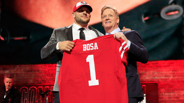 NASHVILLE, TENNESSEE - APRIL 25: Nick Bosa of Ohio State poses with NFL Commissioner Roger Goodell after being chosen #2 overall by the San Francisco 49ers during the first round of the 2019 NFL Draft on April 25, 2019 in Nashville, Tennessee.