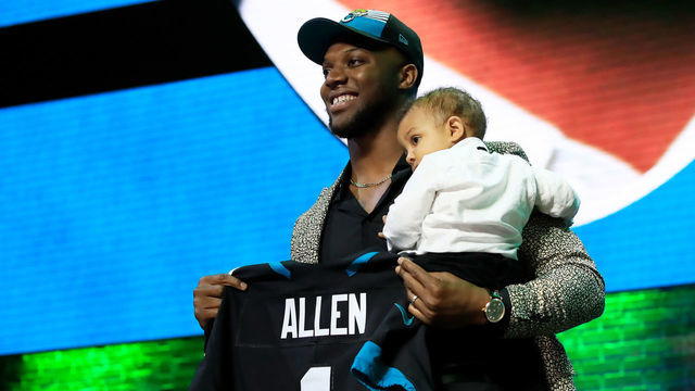 NASHVILLE, TENNESSEE - APRIL 25: Josh Allen of Kentucky reacts after being chosen #7 overall by the Jacksonville Jaguars during the first round of the 2019 NFL Draft on April 25, 2019 in Nashville, Tennessee.