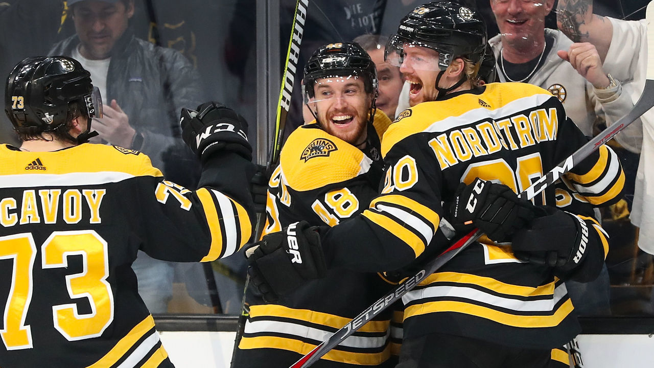 BOSTON, MA - APRIL 25: Noel Acciari #55 celebrates with Joakim Nordstrom #20 of the Boston Bruins after scoring in the first period in Game One of the Eastern Conference Second Round against the Columbus Blue Jackets during the 2019 NHL Stanley Cup Playoffs at TD Garden on April 25, 2019 in Boston, Massachusetts.