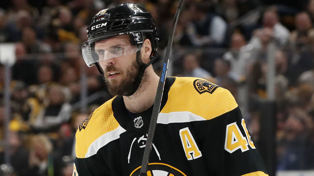 BOSTON, MA - APRIL 23: Boston Bruins center David Krejci (46) skates out for a face off during Game 7 of the 2019 First Round Stanley Cup Playoffs between the Boston Bruins and the Toronto Maple Leafs on April 23, 2019, at TD Garden in Boston, Massachusetts.