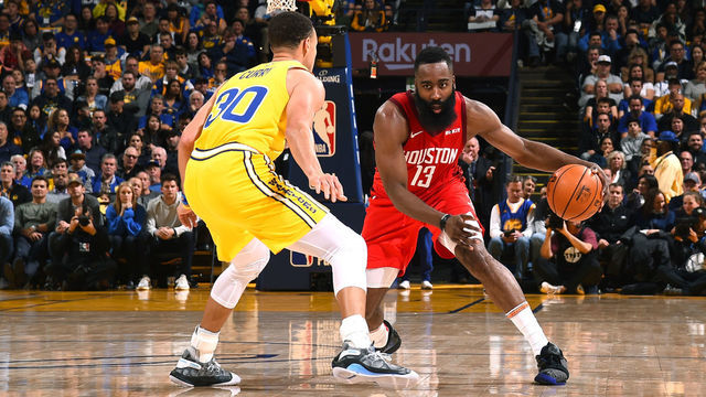 OAKLAND, CA - JANUARY 3: James Harden #13 of the Houston Rockets handles the ball against the Golden State Warriors on January 3, 2019 at ORACLE Arena in Oakland, California. NOTE TO USER: User expressly acknowledges and agrees that, by downloading and or using this photograph, user is consenting to the terms and conditions of Getty Images License Agreement. Mandatory Copyright Notice: Copyright 2019 NBAE