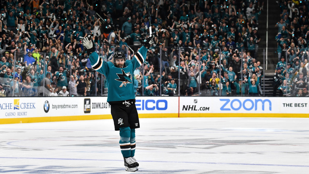 SAN JOSE, CA - APRIL 23: Erik Karlsson #65 of the San Jose Sharks celebrates scoring a goal against the Vegas Golden Knights in Game Seven of the Western Conference First Round during the 2019 NHL Stanley Cup Playoffs at SAP Center on April 23, 2019 in San Jose, California