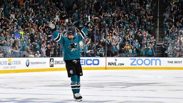 SAN JOSE, CA - APRIL 23: Erik Karlsson #65 of the San Jose Sharks celebrates scoring a goal against the Vegas Golden Knights in Game Seven of the Western Conference First Round during the 2019 NHL Stanley Cup Playoffs at SAP Center on April 23, 2019 in San Jose, California
