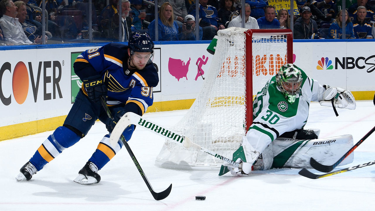 ST. LOUIS, MO - APRIL 25: Ben Bishop #30 of the Dallas Stars defends the net against Vladimir Tarasenko #91 of the St. Louis Blues in Game One of the Western Conference Second Round during the 2019 NHL Stanley Cup Playoffs at Enterprise Center on April 25, 2019 in St. Louis, Missouri.