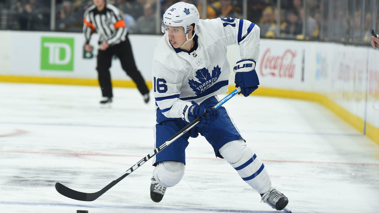 BOSTON, MA - APRIL 19: Mitchell Marner #16 of the Toronto Maple Leafs shoots against the Boston Bruins in Game Five of the Eastern Conference First Round during the 2019 NHL Stanley Cup Playoffs at the TD Garden on April 19, 2019 in Boston, Massachusetts.