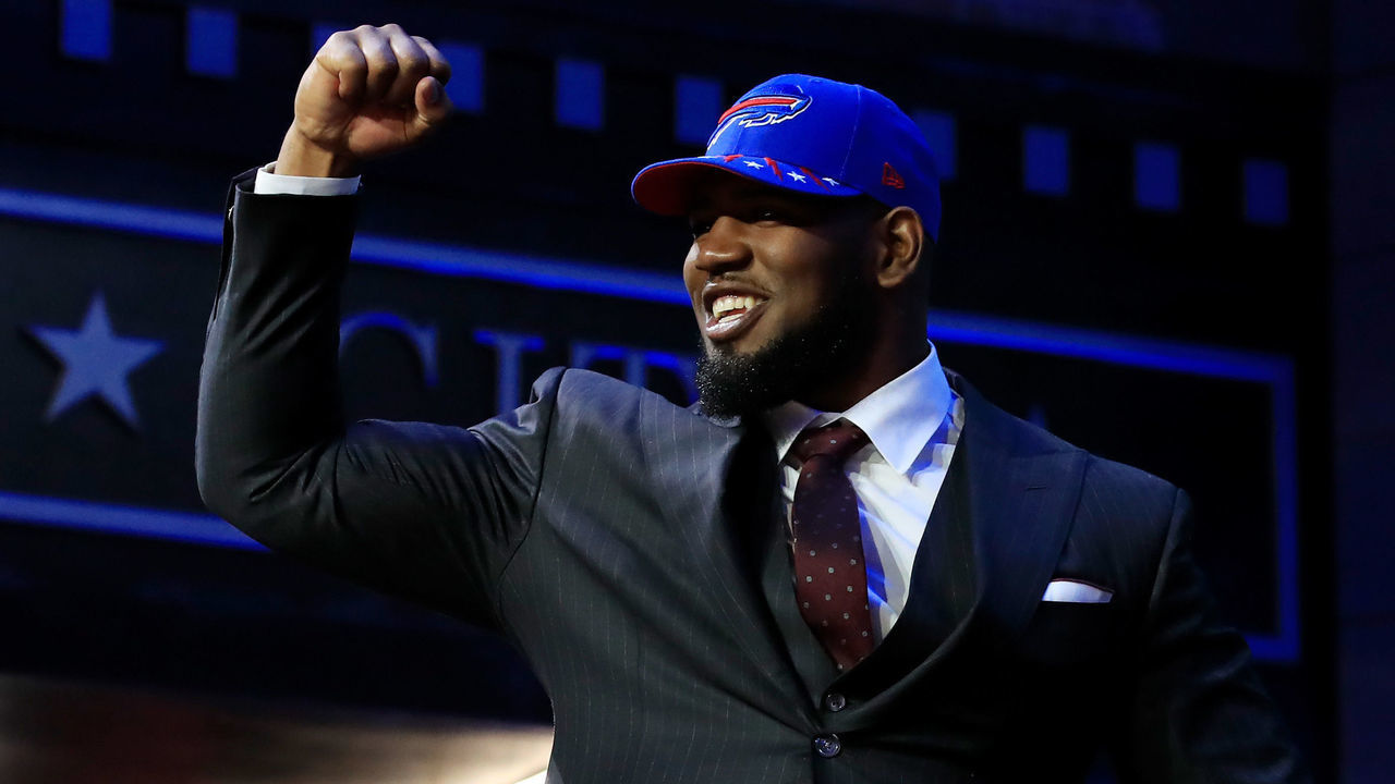 NASHVILLE, TENNESSEE - APRIL 25: Ed Oliver of Houston reacts after being chosen #9 overall by the Buffalo Bills during the first round of the 2019 NFL Draft on April 25, 2019 in Nashville, Tennessee.