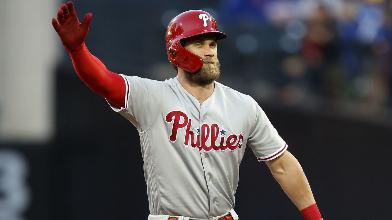 NEW YORK, NEW YORK - APRIL 24: Bryce Harper #3 of the Philadelphia Phillies in action against the New York Mets at Citi Field on April 24, 2019 in New York City. The Phillies defeated the Mets 6-0.