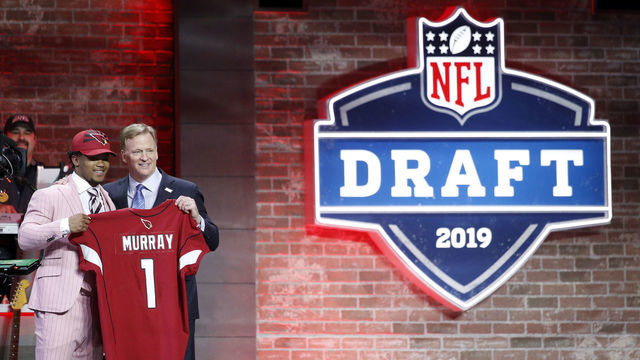 NASHVILLE, TN - APRIL 25: Kyler Murray of Oklahoma with NFL commissioner Roger Goodell after being announced as the first pick in the first round of the NFL Draft on April 25, 2019 in Nashville, Tennessee.
