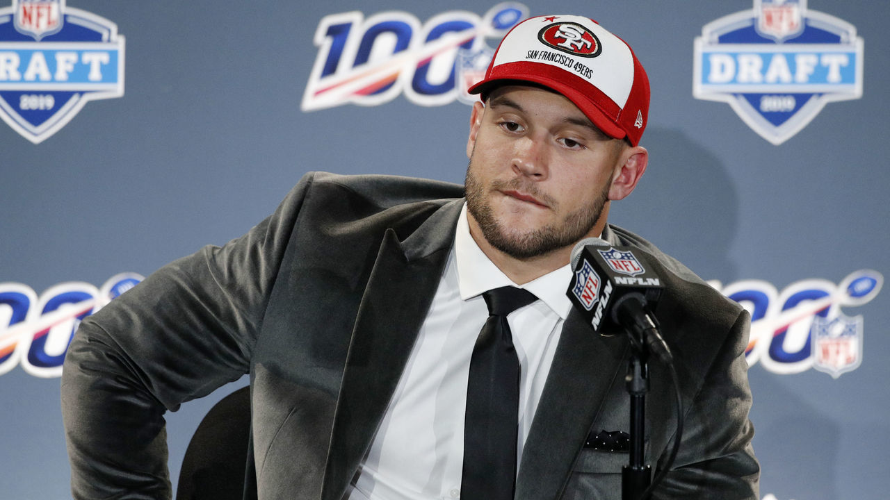 NASHVILLE, TN - APRIL 25: Nick Bosa of Ohio State speaks to the media after being selected with the second pick in the first round of the NFL Draft by the San Francisco 49ers on April 25, 2019 in Nashville, Tennessee.
