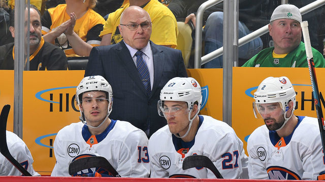 PITTSBURGH, PA - APRIL 14: Head coach Barry Trotz of the New York Islanders looks on during the first period against the Pittsburgh Penguins in Game Three of the Eastern Conference First Round during the 2019 NHL Stanley Cup Playoffs at PPG Paints Arena on April 14, 2019 in Pittsburgh, Pennsylvania.
