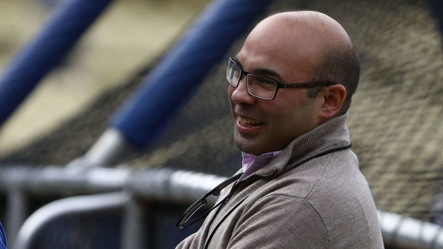 LOS ANGELES, CALIFORNIA - APRIL 03: Farhan Zaidi (R), former Los Angeles Dodgers General Manager and current President of Baseball Operations for the San Francisco Giants, and Brandon Crawford #35 of the San Francisco Giants look on during batting practice at Dodger Stadium on April 03, 2019 in Los Angeles, California.