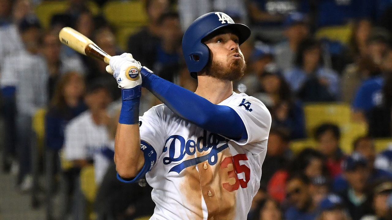 LOS ANGELES, CA - APRIL 12: Cody Bellinger #35 of the Los Angeles Dodgers as he hits a two run home run in the third inning of the game against the Milwaukee Brewers at Dodger Stadium on April 12, 2019 in Los Angeles, California.