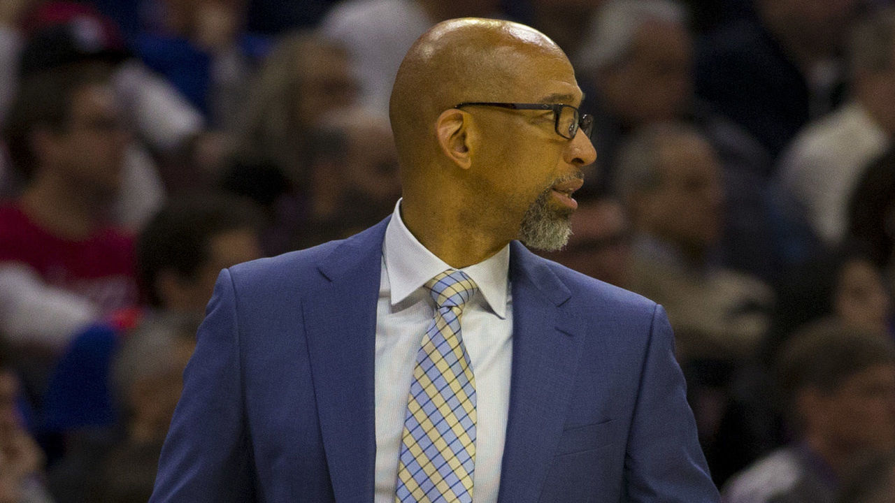 PHILADELPHIA, PA - APRIL 15: Assistant coach Monty Williams of the Philadelphia 76ers looks on against the Brooklyn Nets in Game Two of Round One of the 2019 NBA Playoffs at the Wells Fargo Center on April 15, 2019 in Philadelphia, Pennsylvania.