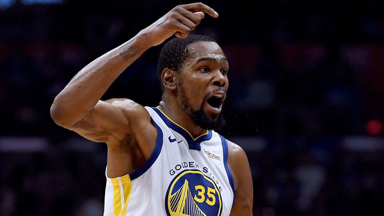 LOS ANGELES, CALIFORNIA - APRIL 26: Kevin Durant #35 of the Golden State Warriors calls for a foul after his three pointer in the first half against the LA Clippers during Game Six of Round One of the 2019 NBA Playoffs at Staples Center on April 26, 2019 in Los Angeles, California.