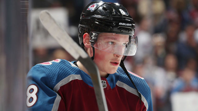 DENVER, CO - APRIL 17: Cale Makar #8 of the Colorado Avalanche looks on prior to Game Four of the Western Conference First Round during the 2019 NHL Stanley Cup Playoffs against the Calgary Flames at the Pepsi Center on April 17, 2019 in Denver, Colorado.