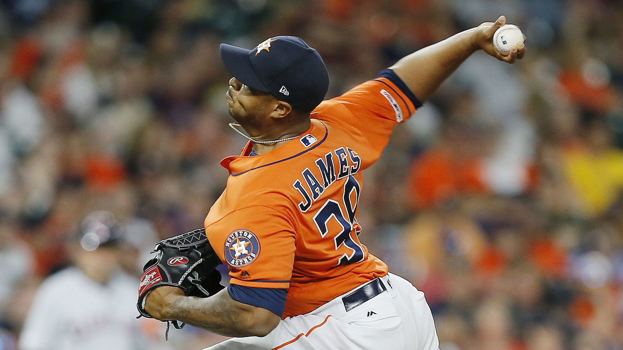 HOUSTON, TEXAS - APRIL 26: Josh James #39 of the Houston Astros pitches in the ninth inning against the Cleveland Indians at Minute Maid Park on April 26, 2019 in Houston, Texas.