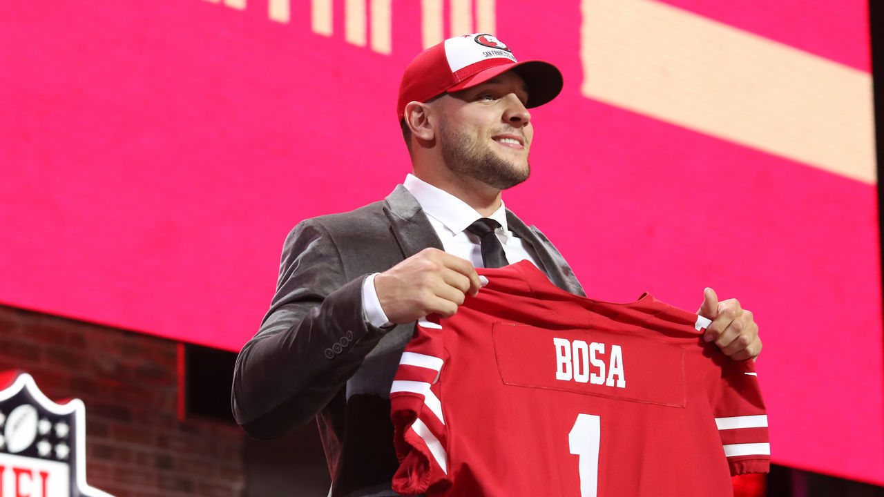NASHVILLE, TN - APRIL 25: Ohio State defensive end Nick Bosa is selected with the second overall pick by the San Francisco 49ers in the first round of the 2019 NFL Draft on April 25, 2019, at the Draft Main Stage on Lower Broadway in downtown Nashville, TN.