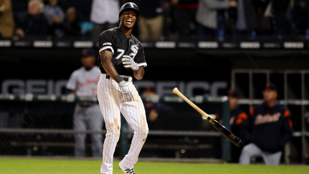 CHICAGO, IL - APRIL 26: Tim Anderson #7 of the Chicago White Sox throws his bat after hitting a walk off home run in the ninth inning to beat the Detroit Tigers at Guaranteed Rate Field on Friday, April 26, 2019 in Chicago, Chicago.