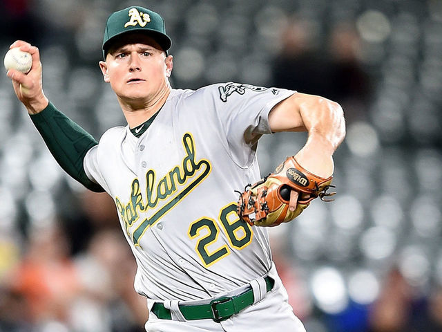 BALTIMORE, MD - APRIL 10: Matt Chapman #26 of the Oakland Athletics throws the ball to first base against the Baltimore Orioles at Oriole Park at Camden Yards on April 10, 2019 in Baltimore, Maryland.
