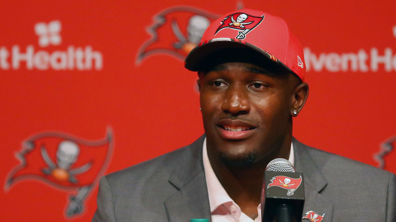TAMPA, FL - APRIL 26: Former LSU Tigers linebacker Devin White speaks to the gathered media during the introductory press conference for 2019 Tampa Bay Buccaneers 1st round pick Devin White on April 26, 2019 at One Buccaneer Place in Tampa,FL.