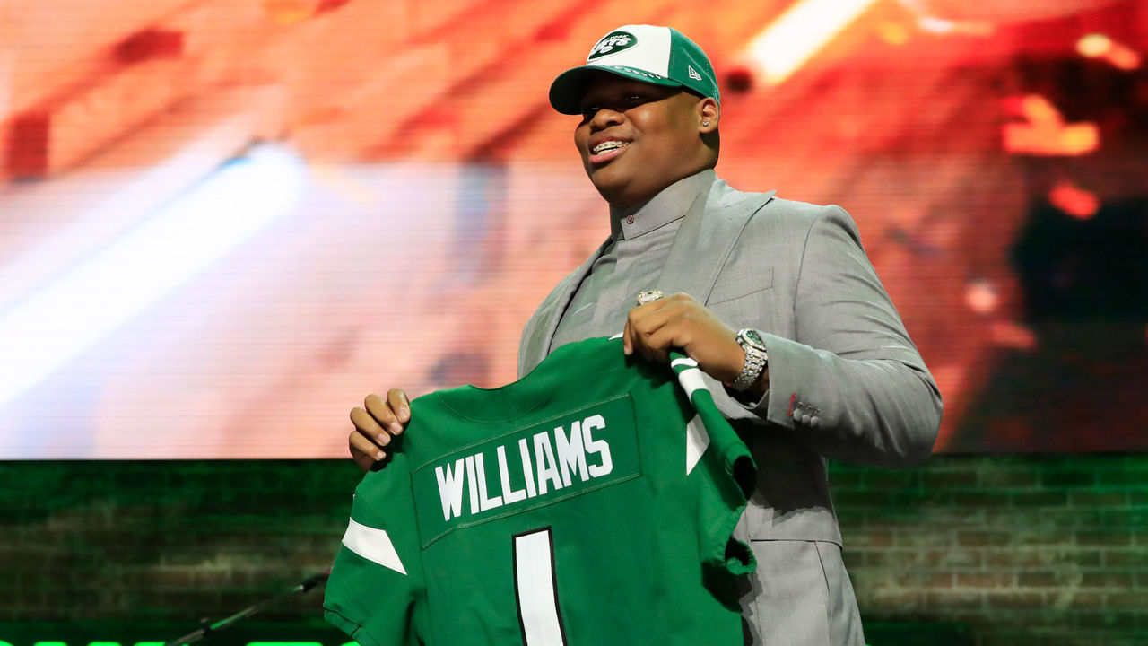 NASHVILLE, TENNESSEE - APRIL 25: Quinnen Williams of Alabama reacts after he was picked #3 overall by the New York Jets during the first round of the 2019 NFL Draft on April 25, 2019 in Nashville, Tennessee.