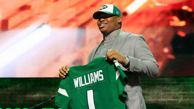 NASHVILLE, TENNESSEE - APRIL 25: Quinnen Williams of Alabama reacts after he was picked #3 overall by the New York Jets during the first round of the 2019 NFL Draft on April 25, 2019 in Nashville, Tennessee.
