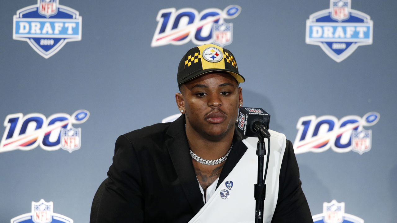 NASHVILLE, TN - APRIL 25: Devin Bush of Michigan speaks to the media after being selected as the tenth pick in the first round of the NFL Draft by the Pittsburgh Steelers on April 25, 2019 in Nashville, Tennessee.