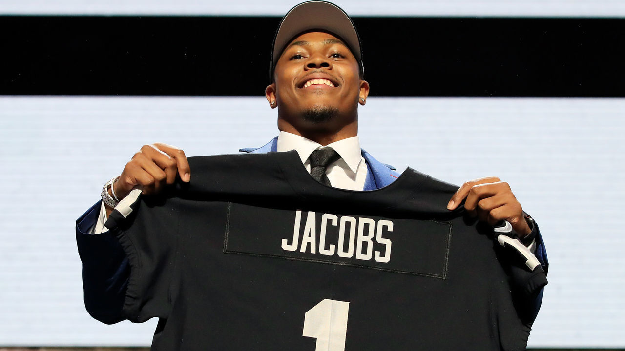 NASHVILLE, TENNESSEE - APRIL 25: Josh Jacobs of Alabama reacts after being chosen #24 overall by the Oakland Raiders during the first round of the 2019 NFL Draft on April 25, 2019 in Nashville, Tennessee.